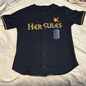 Disney Hercules Mens M Baseball Jersey Embroidered Button Down Blue Short Sleeve